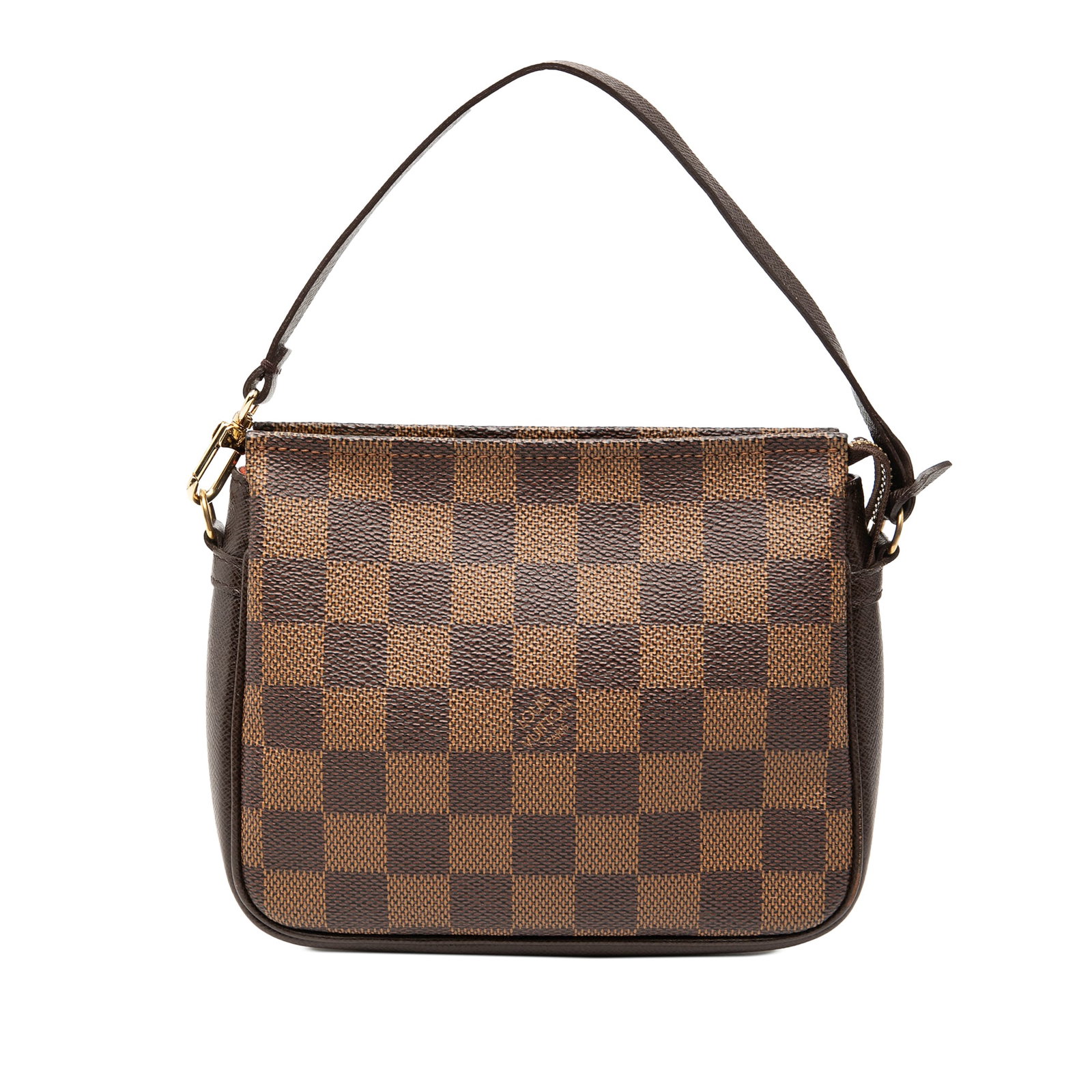 Louis Vuitton Damier Ebene Canvas Trousse Pochette with Leather Trim: Louis Vuitton Damier Ebene Canvas Trousse Pochette with Leather Trim This Louis Vuitton Damier Ebene Trousse Pochette features the signature damier ebene canvas with leather trim, a flat leather strap