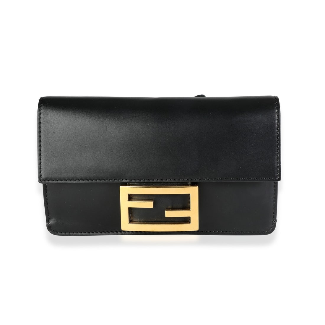 Fendi Mini Baguette Black Leather Shoulder Bag with Strap: Fendi Mini Baguette Black Leather Shoulder Bag with Strap Black calfskin mini flat baguette with strap in pre-owned condition. It features a magnetic snap closure, gold-tone hardware, a black microfib