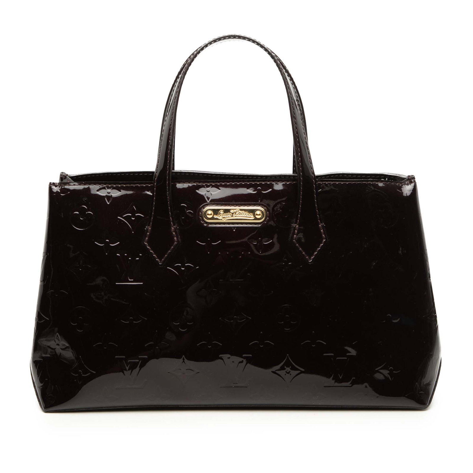 Louis Vuitton Wilshire PM Monogram Vernis Leather Handbag: Louis Vuitton Wilshire PM Monogram Vernis Leather Handbag Louis Vuitton Monogram Vernis Wilshire PM handbag in purple leather with flat leather handles, an open top, lobster clasp closure, and an inte