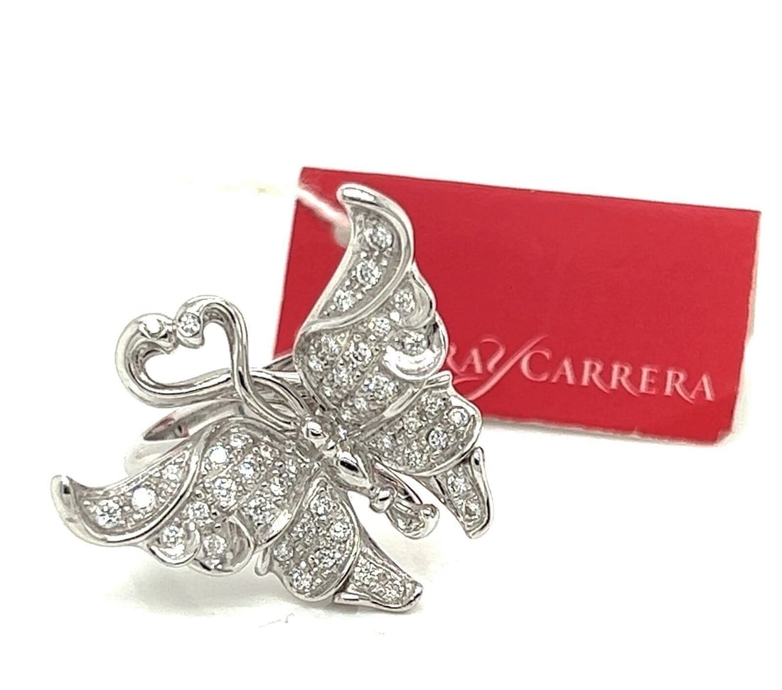 Carrera y Carrera Butterfly Statement Ring 18k White Gold Diamond Size 6.5: Carrera y Carrera Butterfly Statement Ring 18k White Gold Diamond Size 6.5 A sculptural Carrera y Carrera butterfly statement ring crafted in 18k white gold and accented with natural round brilliant d