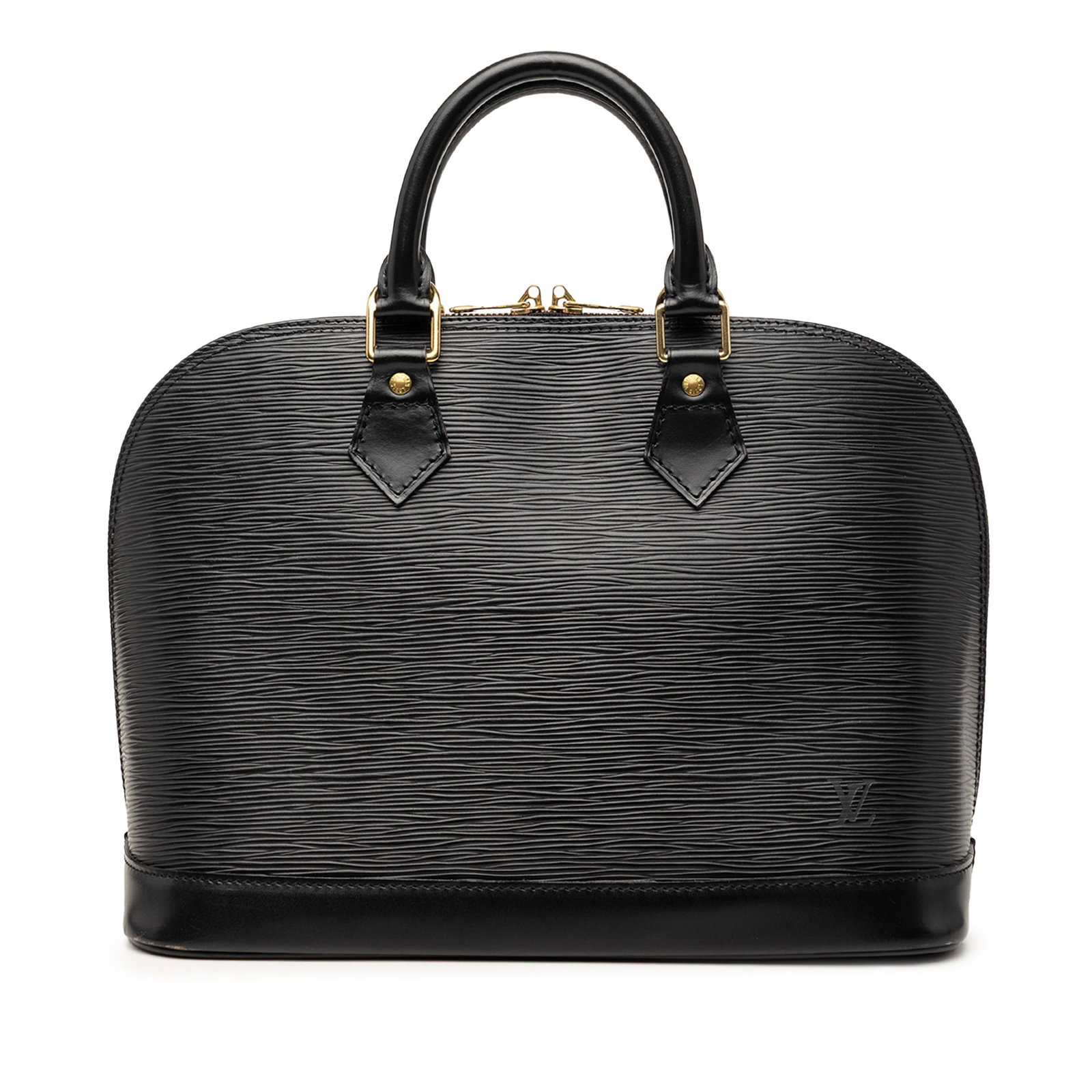 Louis Vuitton Alma PM Black Epi Leather Handbag: Louis Vuitton Alma PM Black Epi Leather Handbag Louis Vuitton Epi Alma PM handbag crafted in black leather with rolled leather handles, a top zip-around closure, and an interior slip pocket. Made in F