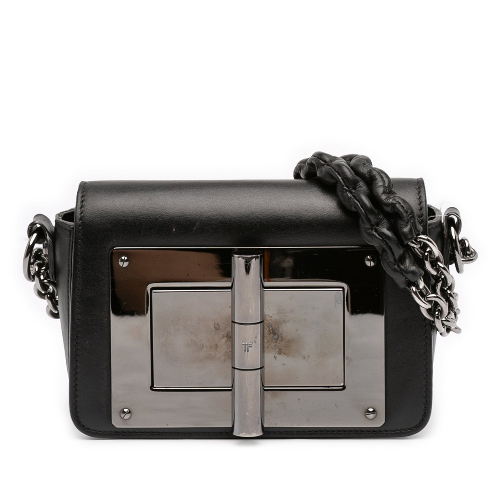 Black Leather Mini Natalia Crossbody Bag by Tom Ford with Chain Strap: Black Leather Mini Natalia Crossbody Bag by Tom Ford with Chain Strap This Tom Ford Mini Leather Natalia Crossbody showcases a sophisticated design with a black leather body, a chic chain strap, and a