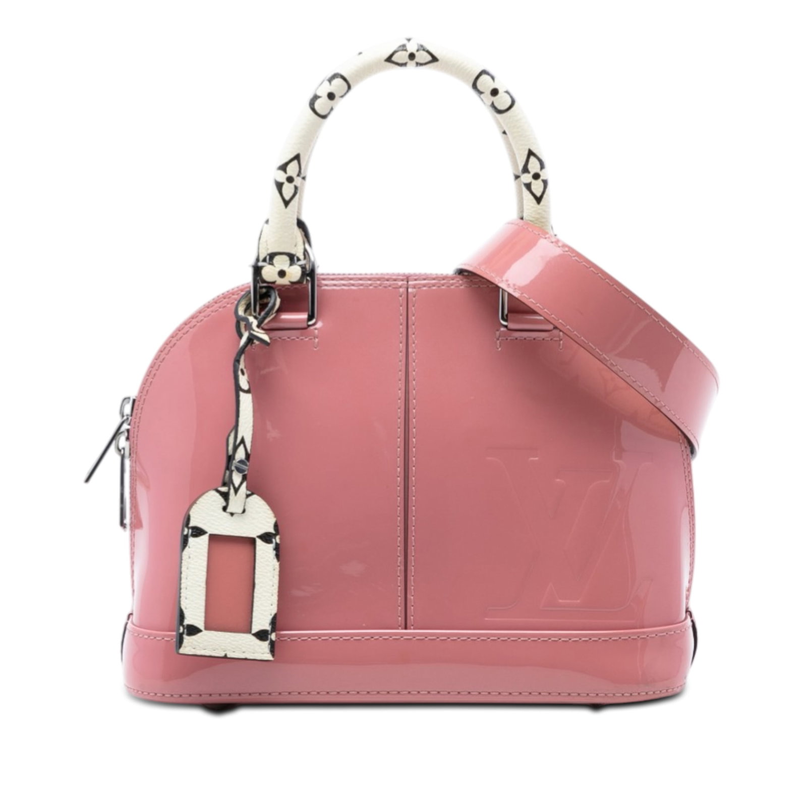 Louis Vuitton Alma BB Vernis Miroir Pink Bag: Louis Vuitton Alma BB Vernis Miroir Pink Bag The Louis Vuitton Vernis Miroir Alma BB is a compact handbag crafted from vernis leather in pink, featuring rolled monogram canvas handles and a detachable