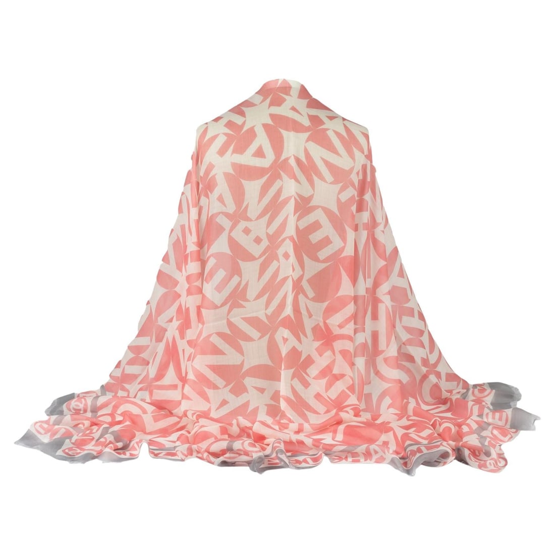 Chanel Cashmere Shawl Pink Grey Multi Lettering 52 x 78 Italy: Chanel Cashmere Shawl Pink Grey Multi Lettering 52 x 78 Italy Elevate your wardrobe with this exquisite Chanel Cashmere Shawl, featuring a chic pink, grey, and white multi-lettering design. Crafted in