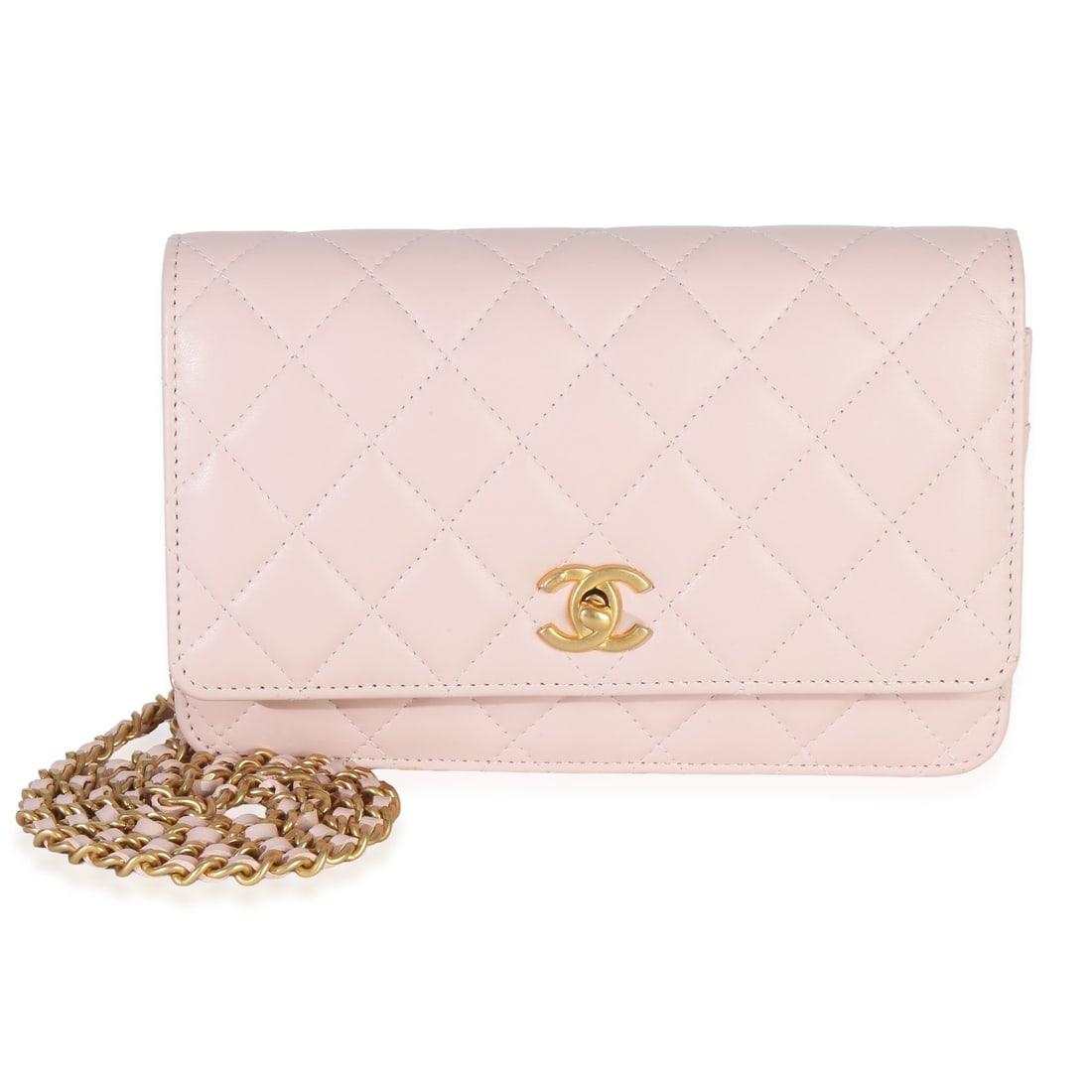 Chanel Pearl Crush CC Flap Wallet On Chain Pink Lambskin: Chanel Pearl Crush CC Flap Wallet On Chain Pink Lambskin This Chanel Pink Quilted Lambskin CC Pearl Crush Wallet On Chain is crafted from luxurious leather with a quilted design and features a gold-to