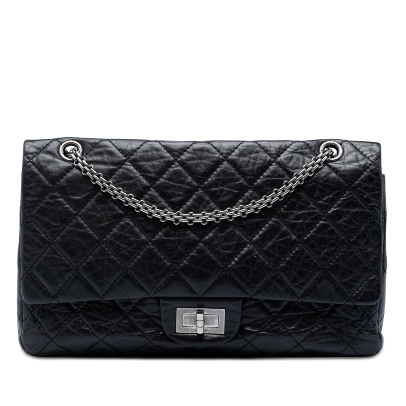 Chanel Reissue 2.55 227 Quilted Aged Calfskin Shoulder Bag: Chanel Reissue 2.55 227 Quilted Aged Calfskin Shoulder Bag Chanel Quilted Aged Calfskin Reissue 2.55 Double Flap 227 shoulder bag in black. It features an aged calfskin leather body, silver-tone chain