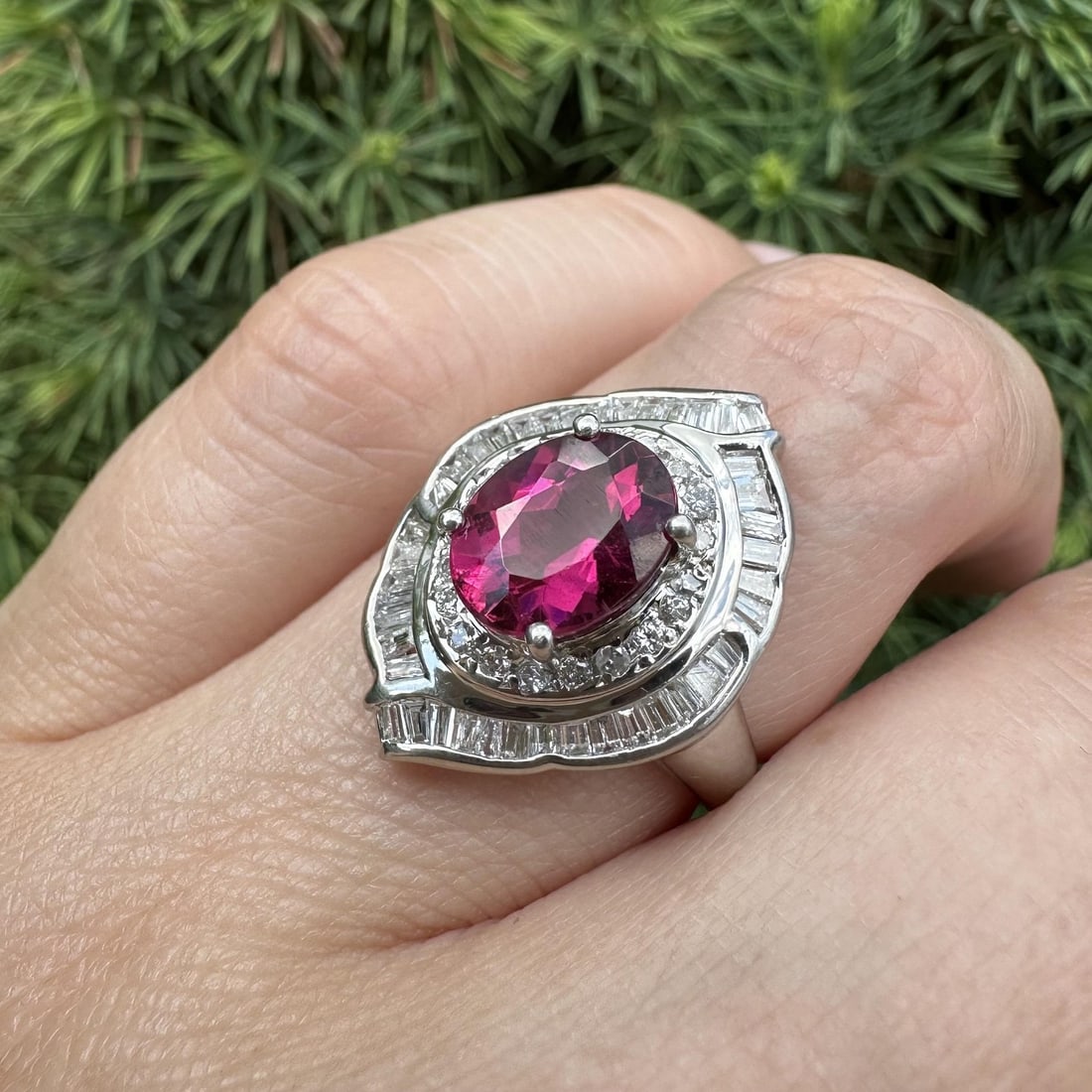 Platinum Ballerina Cocktail Ring with 2.81ctw Pink Tourmaline and Diamonds: Platinum Ballerina Cocktail Ring with 2.81ctw Pink Tourmaline and Diamonds Pre-owned women's cocktail ring crafted in solid .880+ platinum, featuring an oval natural deep rich pink tourmaline accented