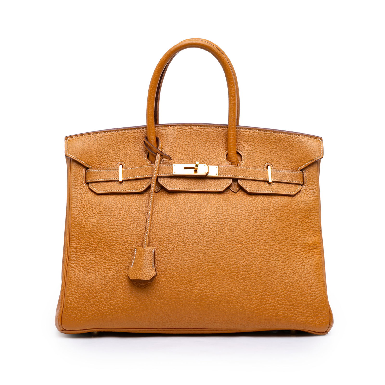 Hermes Birkin 35 Togo Leather Moutarde Tote: Hermes Birkin 35 Togo Leather Moutarde Tote This Hermes Togo Birkin Retourne 35 features a Togo leather body in a Moutarde color, complemented by rolled leather handles and a front flap with a turn-lo