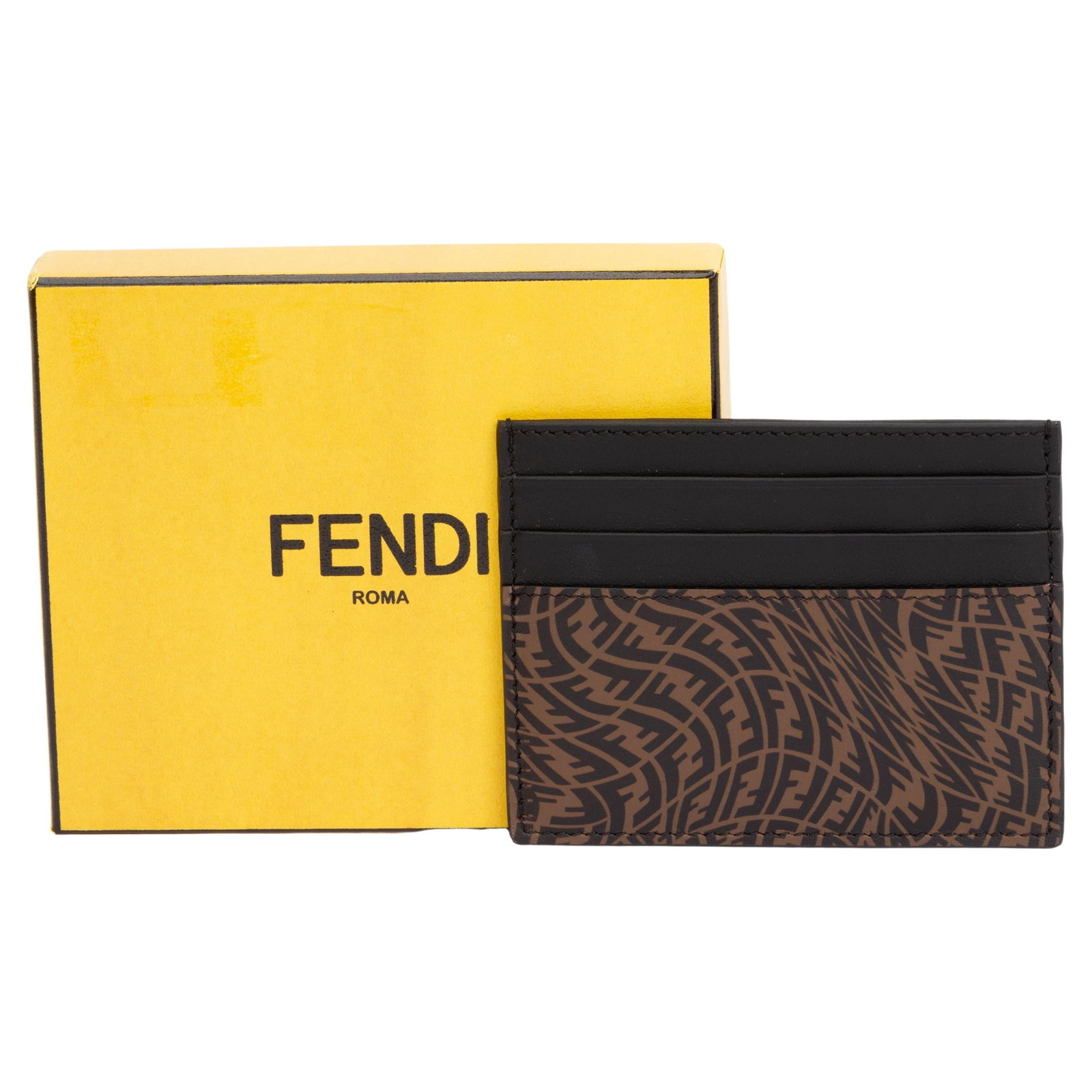 Fendi Black Brown Vertigo Card Case Italy New with Box: Fendi Black Brown Vertigo Card Case Italy New with Box This stylish Fendi Vertigo Card Case features a striking black and brown vertigo print, perfect for keeping your cards organized in a chic manner