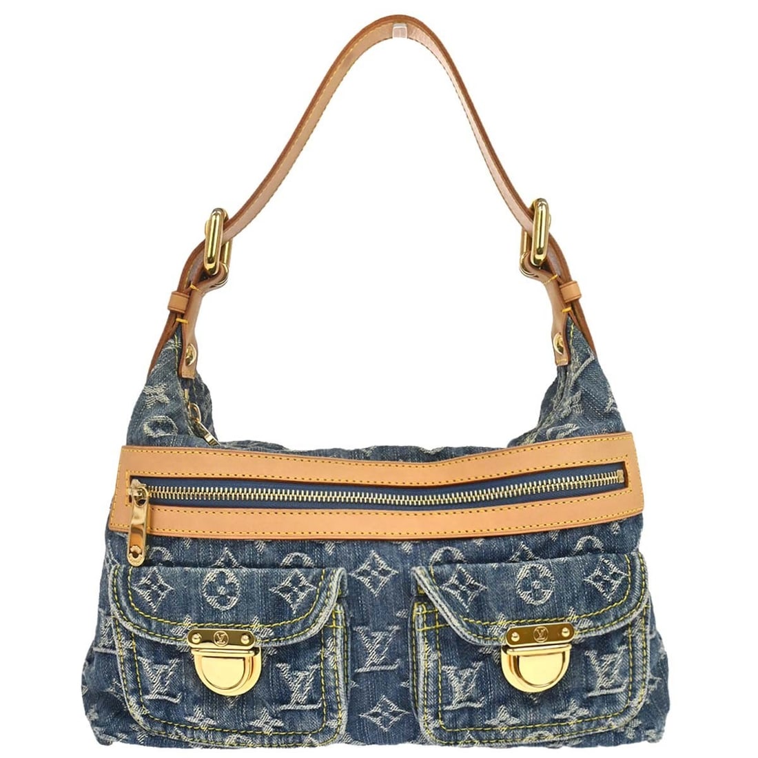 Louis Vuitton Baggy PM Blue Monogram Denim Shoulder Bag M95049: Louis Vuitton Baggy PM Blue Monogram Denim Shoulder Bag M95049 Louis Vuitton Baggy PM shoulder bag in blue Monogram denim and leather, featuring a zip closure, adjustable shoulder strap, and multiple 