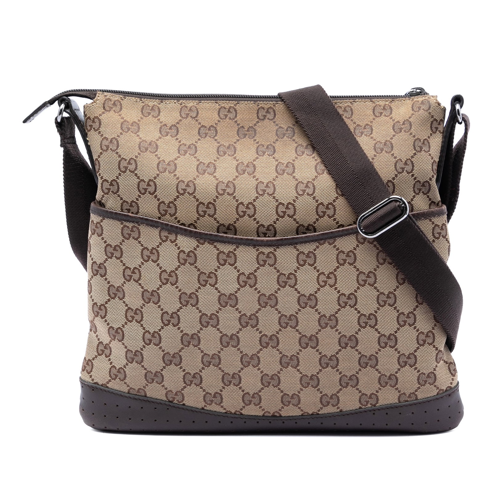 Gucci GG Canvas Beige Crossbody Bag: Gucci GG Canvas Beige Crossbody Bag This Gucci GG Canvas Crossbody bag is crafted in beige canvas with perforated leather trim, featuring an adjustable flat strap for comfortable wear. The design incl