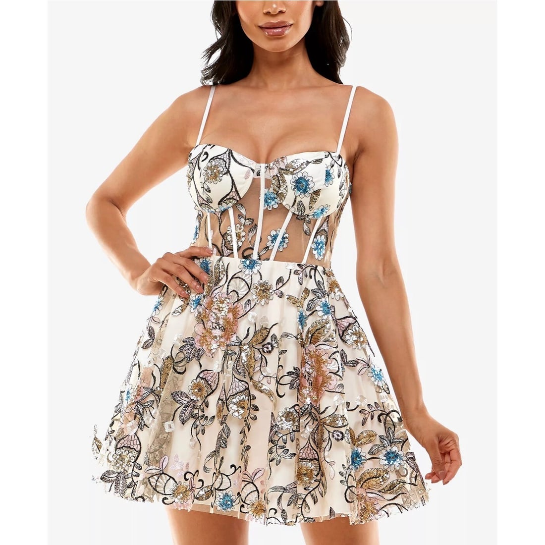 B Darlin Juniors' Nude Corset Dress with Embroidery and Sweetheart Neckline (1 of 5)
