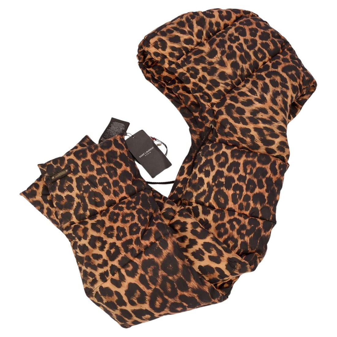 Saint Laurent New Leopard Patterned Puffer Scarf with Tags: Saint Laurent New Leopard Patterned Puffer Scarf with Tags This Saint Laurent leopard print puffer scarf is crafted in shades of brown and black, making it an ideal winter accessory. It is un-used