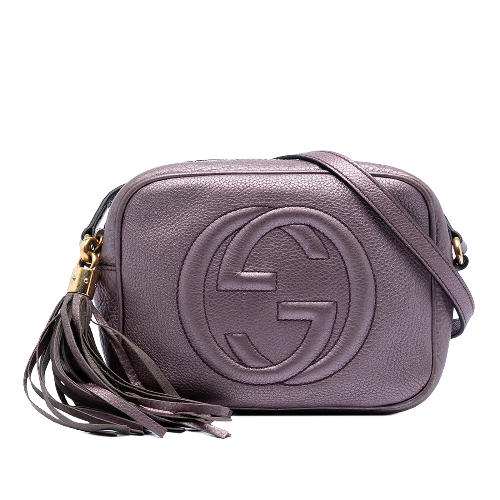 Gucci Soho Disco Purple Metallic Leather Crossbody Bag with Tassel: Gucci Soho Disco Purple Metallic Leather Crossbody Bag with Tassel This Gucci Metallic Leather Soho Disco Crossbody bag features a stylish purple leather exterior with a metallic finish. It is designe