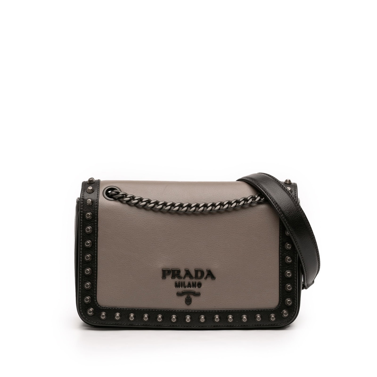 Prada studded bicolor calfskin crossbody bag brown: Prada studded bicolor calfskin crossbody bag brown Prada bicolor glace calfskin studded crossbody bag with a front flap and magnetic snap closure. It features a chain link strap with a leather shoulde