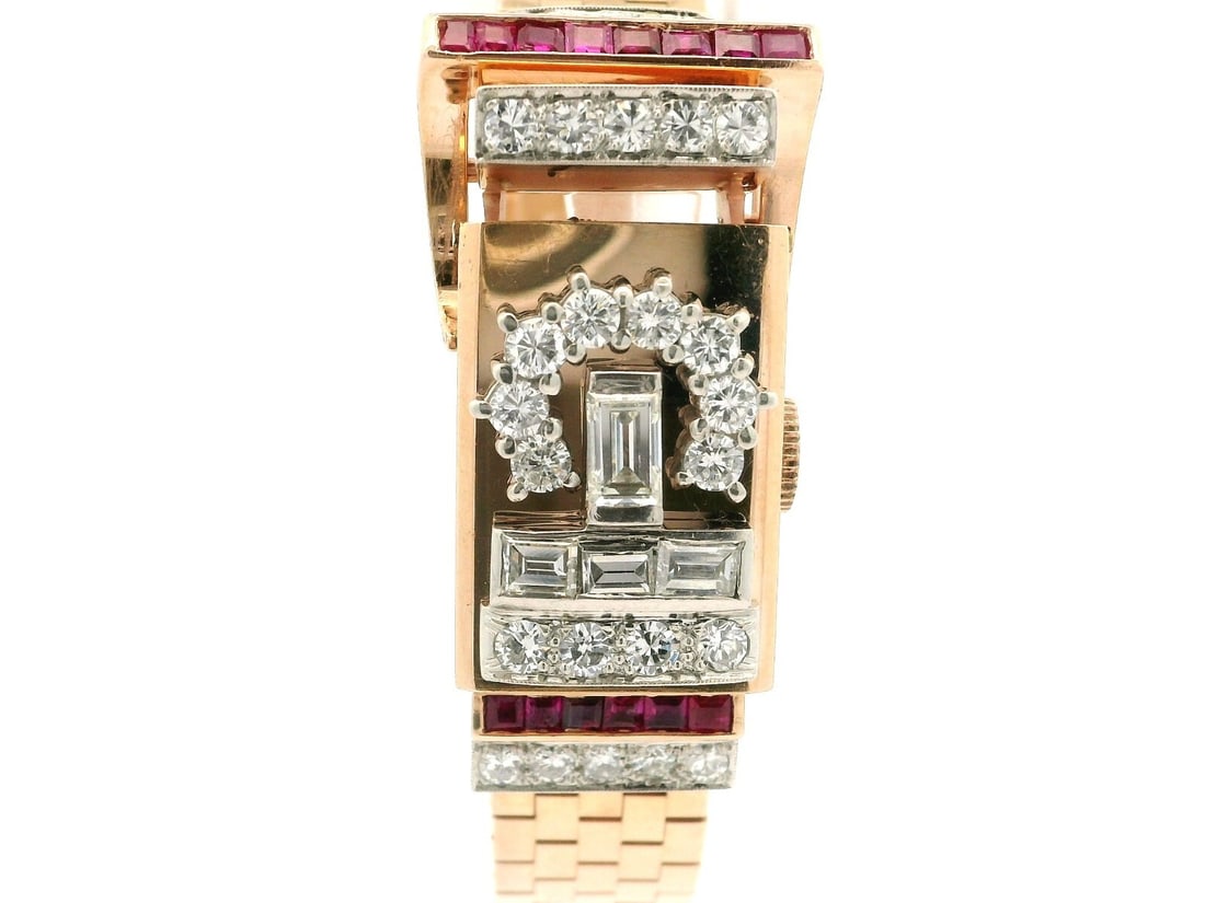 Longines 14k Rose Gold Diamond Ruby Hidden Bracelet Watch: Longines 14k Rose Gold Diamond Ruby Hidden Bracelet Watch Introducing a stunning Vintage Retro Fancy Longines wristwatch, exquisitely crafted in 14k rose gold and adorned with both diamonds and rubies