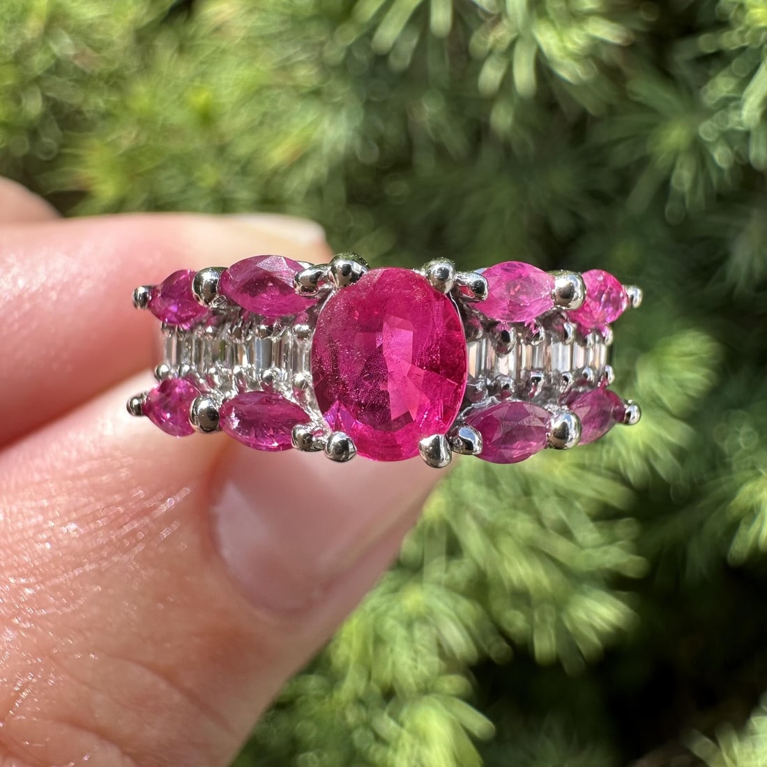 Unbranded Platinum Ruby and Diamond Cocktail Ring 1.79ctw Size 7: Unbranded Platinum Ruby and Diamond Cocktail Ring 1.79ctw Size 7 Pre-owned cocktail band ring crafted in solid 880+ platinum and stamped PT900. This women's ring features 9 natural genuine rubies in m