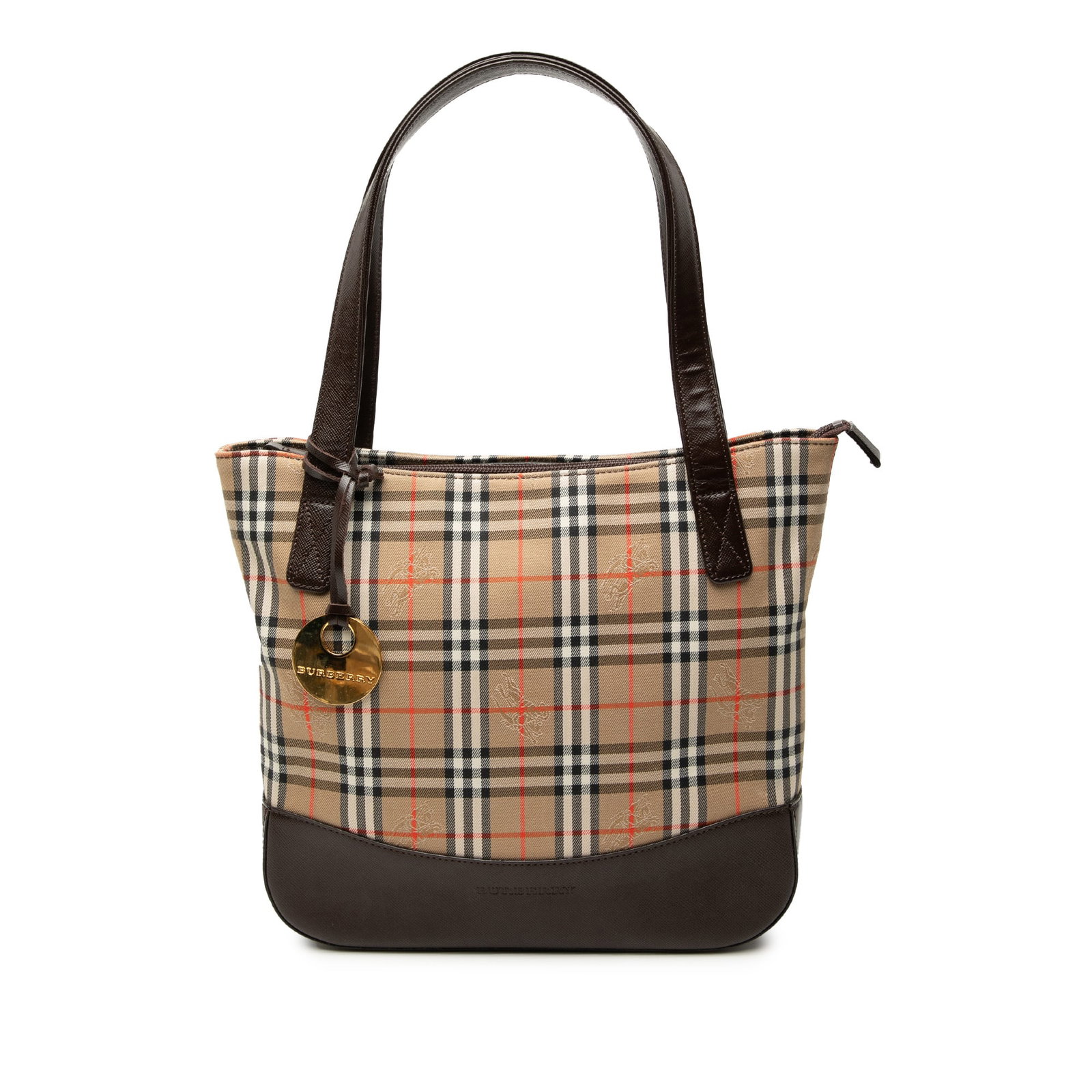 Haymarket Check Canvas Tote Bag with Leather Trim by Burberry: Haymarket Check Canvas Tote Bag with Leather Trim by Burberry This Burberry Haymarket Check Canvas Tote features a canvas body with leather trim, flat leather handles, a top zip closure, and interior 