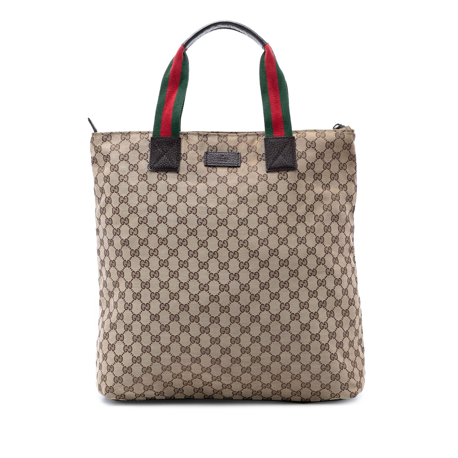 Gucci beige canvas tote with web strap trim: Gucci beige canvas tote with web strap trim This Gucci GG Canvas Web Vertical Tote features a beige canvas body with leather trim and flat leather handles accented by web strap details. The bag is equ