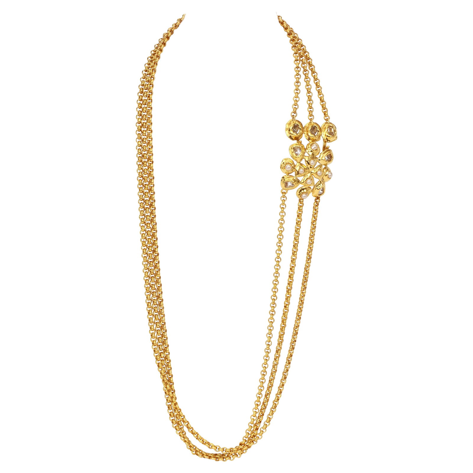 1980s Vintage Chanel Gold Necklace with Pearls and Stones: 1980s Vintage Chanel Gold Necklace with Pearls and Stones This exquisite 1980's Vintage Chanel Gold Chain Necklace features a stunning design with three interwoven chains and an elaborate decorative c