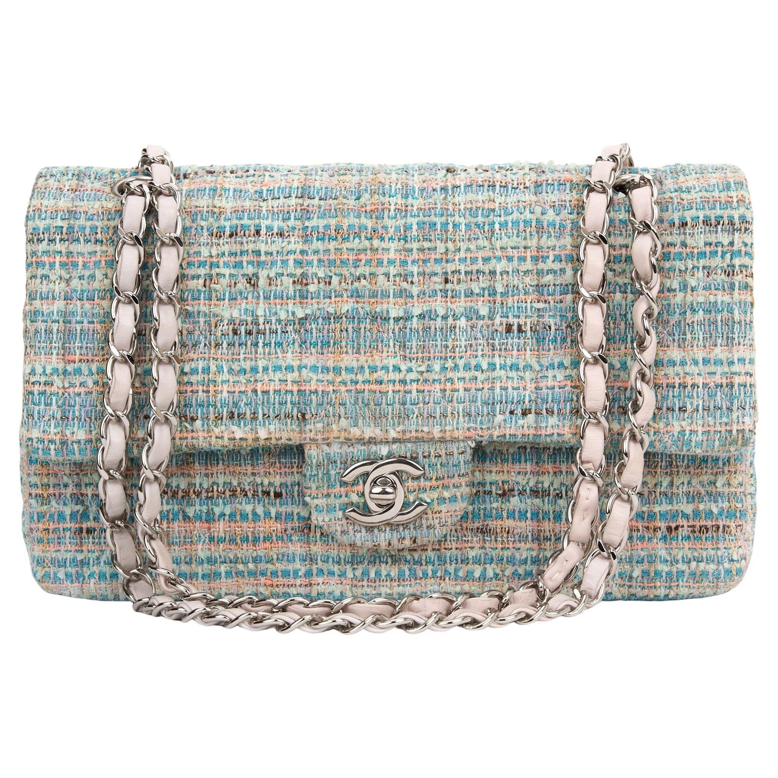 Chanel Classic Double Flap Bag Quilted Tweed Turquoise Pink White: Chanel Classic Double Flap Bag Quilted Tweed Turquoise Pink White Introducing the Chanel Classic Double Flap Bag, a timeless accessory crafted in a stunning quilted tweed featuring a vibrant combinati