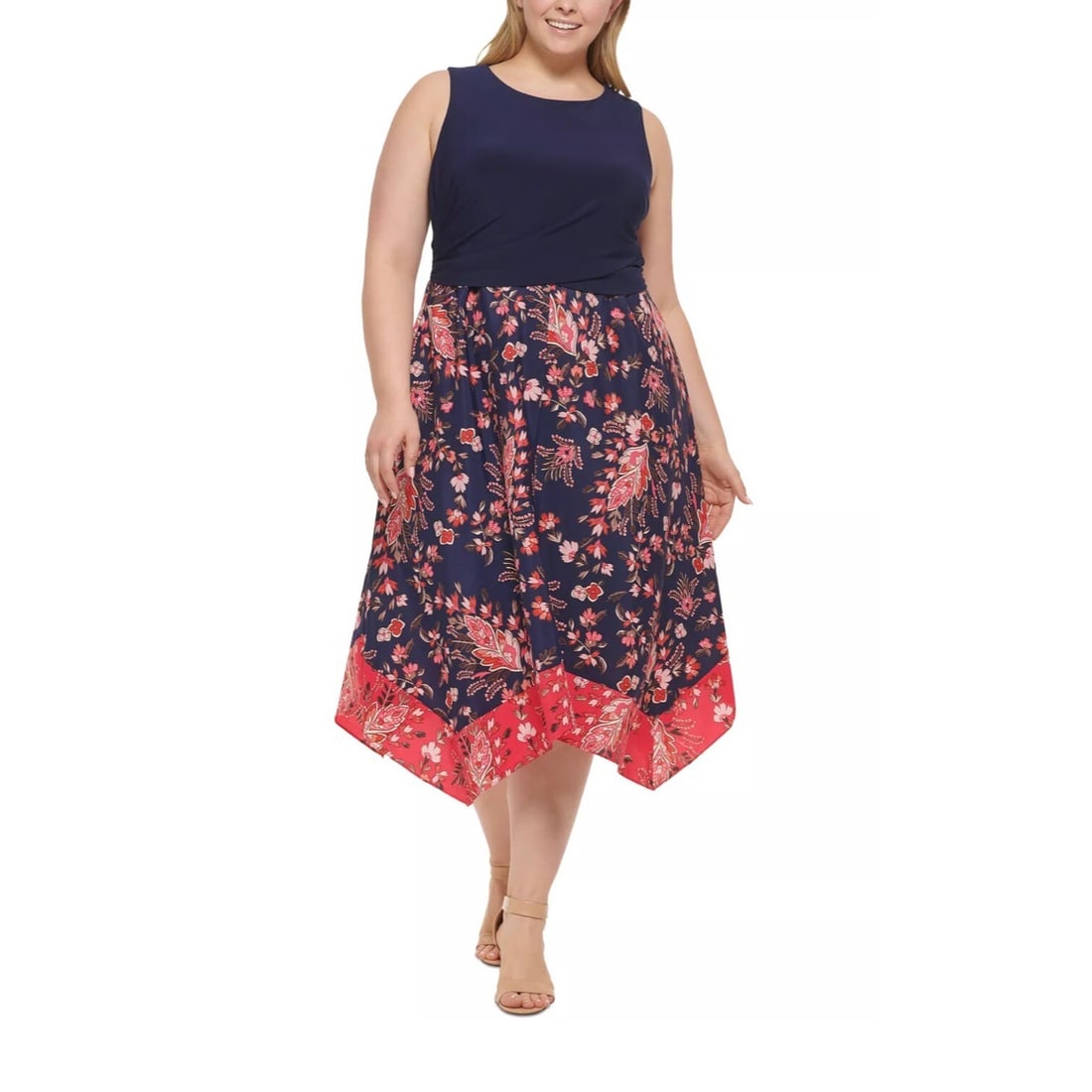 Vince Camuto Plus Size Floral Print High Low Midi Dress 14W Navy Blue: Vince Camuto Plus Size Floral Print High Low Midi Dress 14W Navy Blue Elevate your wardrobe with the VINCE CAMUTO Plus Size Two Tone Floral Print High Low Midi Dress. This stylish dress features a sol