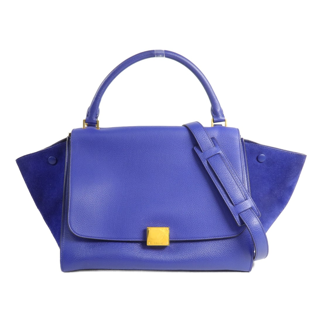 CELINE Trapeze Medium Blue Calfskin Suede 2 Way Bag: CELINE Trapeze Medium Blue Calfskin Suede 2 Way Bag Medium 2-way shoulder bag in blue calfskin and suede leather with gold-tone hardware. It features a handle and shoulder strap, along with one outsid