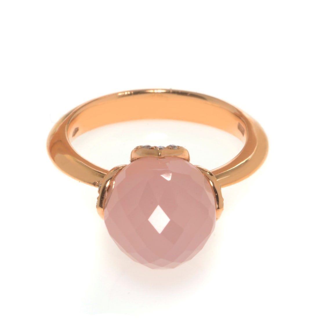 Luca Carati 18K Rose Gold Pink Chalcedony Diamond Ring 0.13Cttw Size 7: Luca Carati 18K Rose Gold Pink Chalcedony Diamond Ring 0.13Cttw Size 7 This exquisite Luca Carati ring showcases a stunning natural pink Chalcedony gemstone, elegantly set in a high-polished 18K rose 