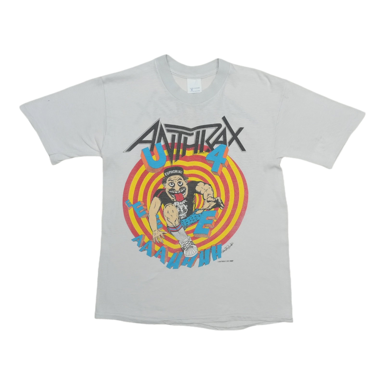 Vintage Anthrax 1988 Euphoria Tour White Cotton Shirt: Vintage Anthrax 1988 Euphoria Tour White Cotton Shirt This is an original vintage 1988 Anthrax State Of Euphoria Spit Inside Tour shirt. The shirt is made from 100% cotton and features a white color. 