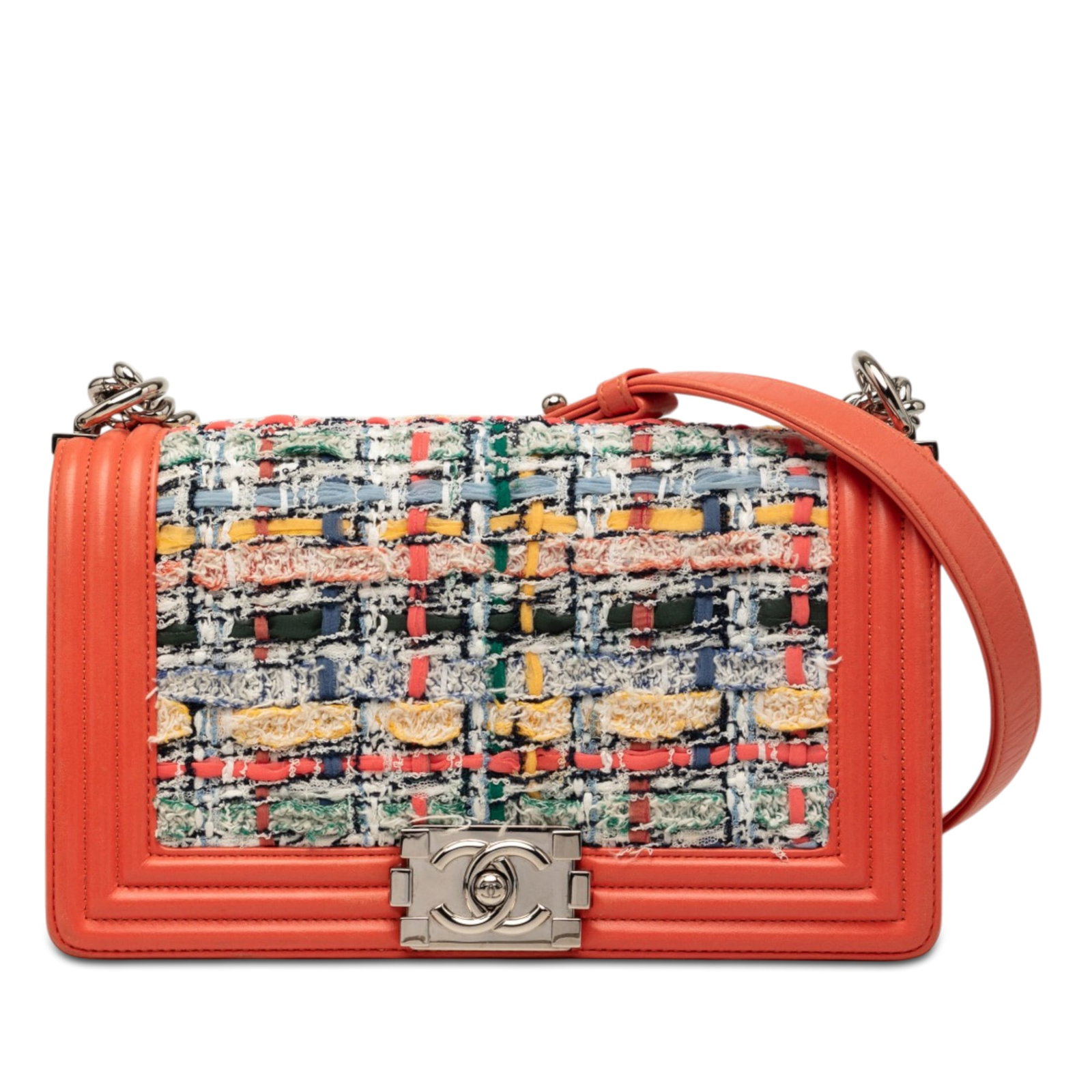Chanel Boy Flap Tweed Lambskin Orange Bag Card: Chanel Boy Flap Tweed Lambskin Orange Bag Card This Chanel Medium Boy Flap bag features a striking combination of tweed and lambskin leather in orange. It is designed with a curb chain shoulder strap 
