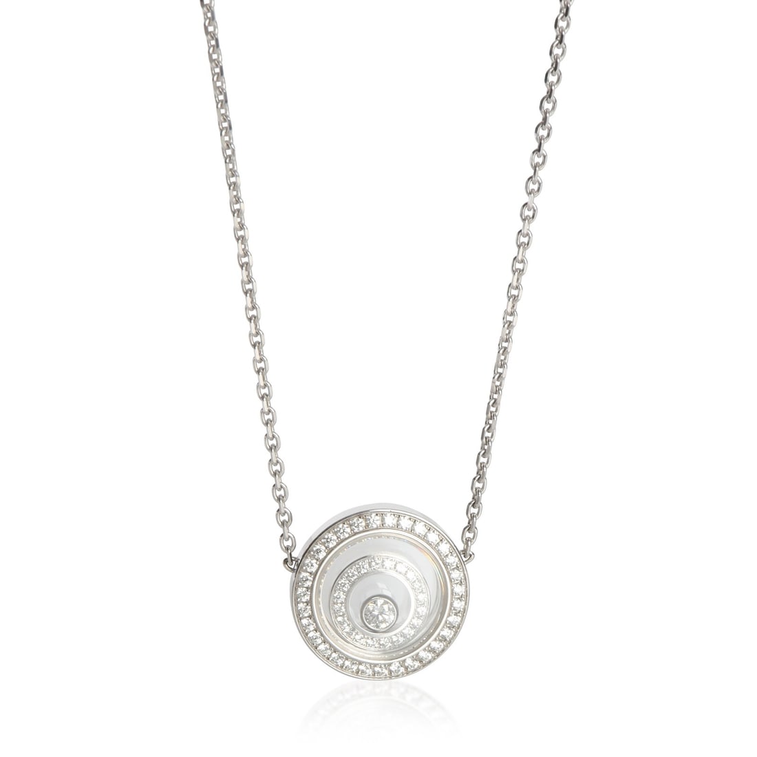 Chopard Happy Spirit 18k White Gold Diamond Pendant: Chopard Happy Spirit 18k White Gold Diamond Pendant This Chopard Happy Spirit pendant is crafted from 18k white gold and features a round brilliant diamond design. The pendant includes a total diamond