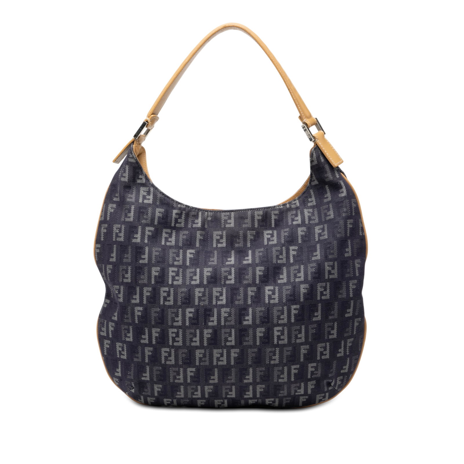 Fendi Zucchino Blue Denim Hobo Shoulder Bag with Leather Trim: Fendi Zucchino Blue Denim Hobo Shoulder Bag with Leather Trim This Fendi Zucchino Denim Hobo Bag features a denim body with leather trim, a flat leather strap, an open top with magnetic snap closure, 