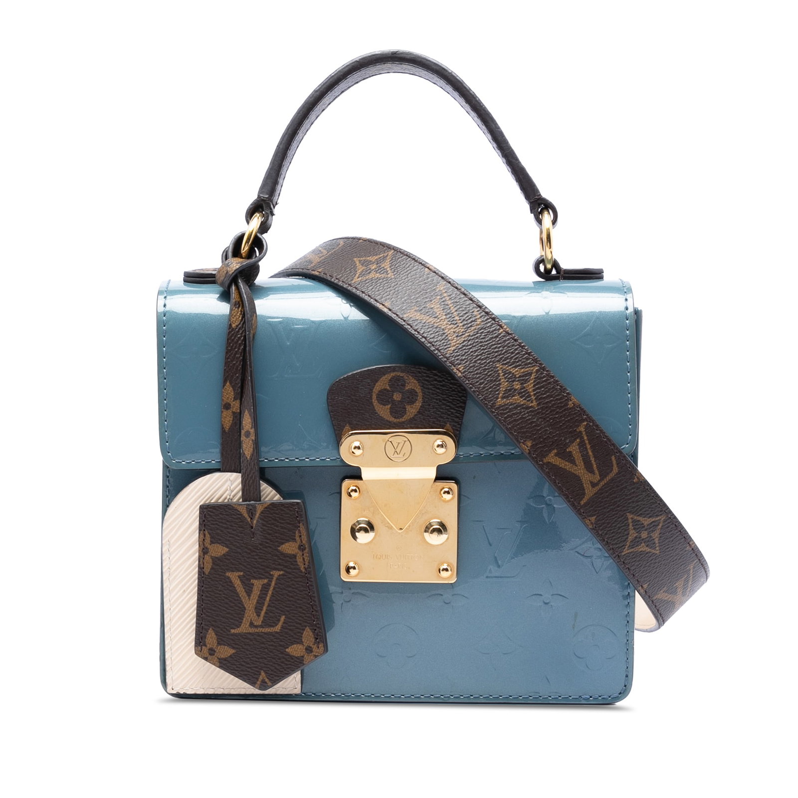 Louis Vuitton Spring Street Monogram Vernis Leather Shoulder Bag: Louis Vuitton Spring Street Monogram Vernis Leather Shoulder Bag Louis Vuitton Monogram Vernis Spring Street handbag in blue leather. This structured bag features a flat top handle, a detachable flat 