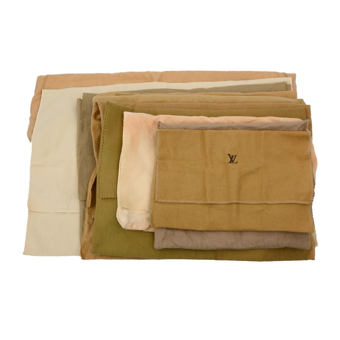 Set of 10 Louis Vuitton Cotton Dust Bags Brown Beige Authentic: Set of 10 Louis Vuitton Cotton Dust Bags Brown Beige Authentic Set of 10 authentic Louis Vuitton dust bags in brown and beige cotton. These unisex dust bags show overall signs of use with reasonable w