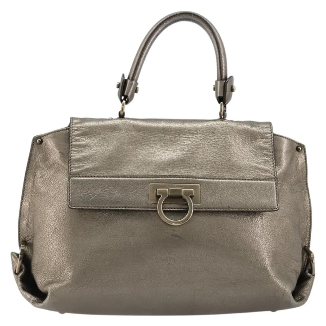 Leather Sofia Satchel by Salvatore Ferragamo Silver: Leather Sofia Satchel by Salvatore Ferragamo Silver Salvatore Ferragamo Sofia Satchel in silver leather. This women's handbag is made in Italy and is presented in fair condition with visible wear