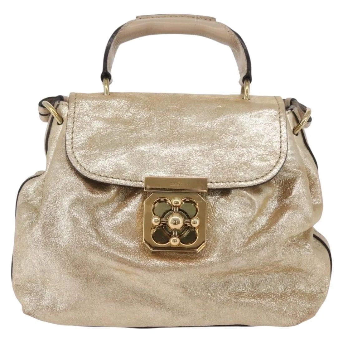 Chloe Elsie Gold Leather Convertible Satchel: Chloe Elsie Gold Leather Convertible Satchel This Chloe Elsie Convertible Satchel is crafted from gold leather and offers versatile carrying options with both a handle and a shoulder strap. The bag fe