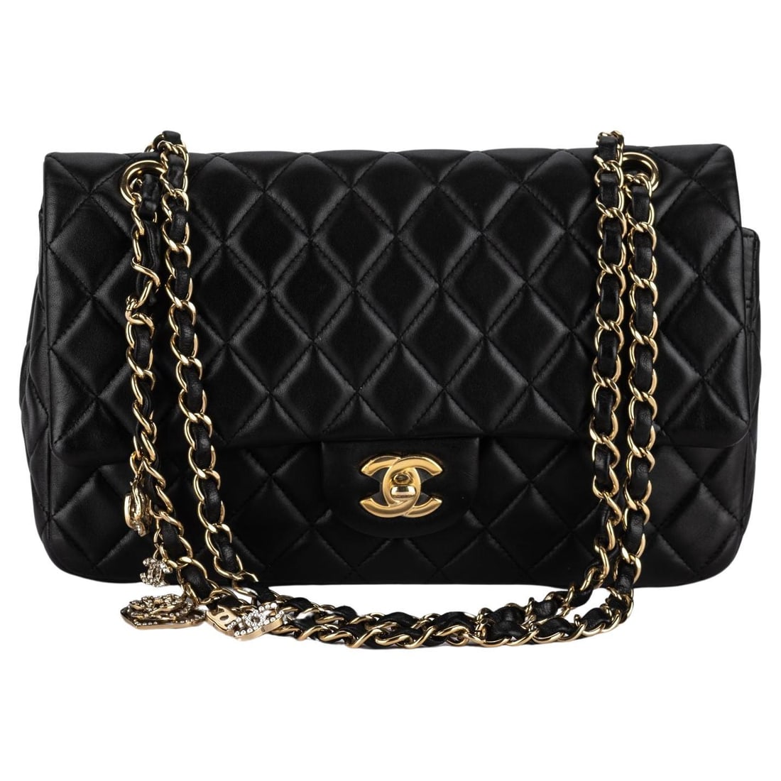 Chanel Black Lambskin Quilted Valentine Mini Flap Bag with Charms: Chanel Black Lambskin Quilted Valentine Mini Flap Bag with Charms This exquisite Chanel Black Lambskin Quilted Valentine Charms Mini Rectangular Flap Bag is a luxurious accessory, meticulously crafted