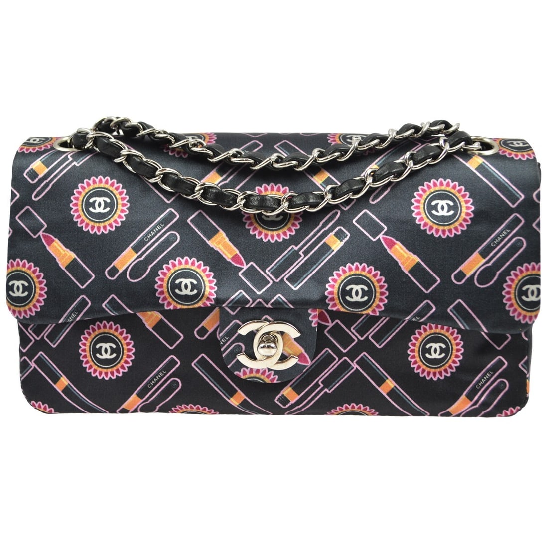 CHANEL Classic Flap Mini Satin Shoulder Bag Black Matelasse: CHANEL Classic Flap Mini Satin Shoulder Bag Black Matelasse Chanel Classic Single Flap shoulder bag in black satin with a matelasse quilted exterior, flap turnlock closure, and chain strap. The interi
