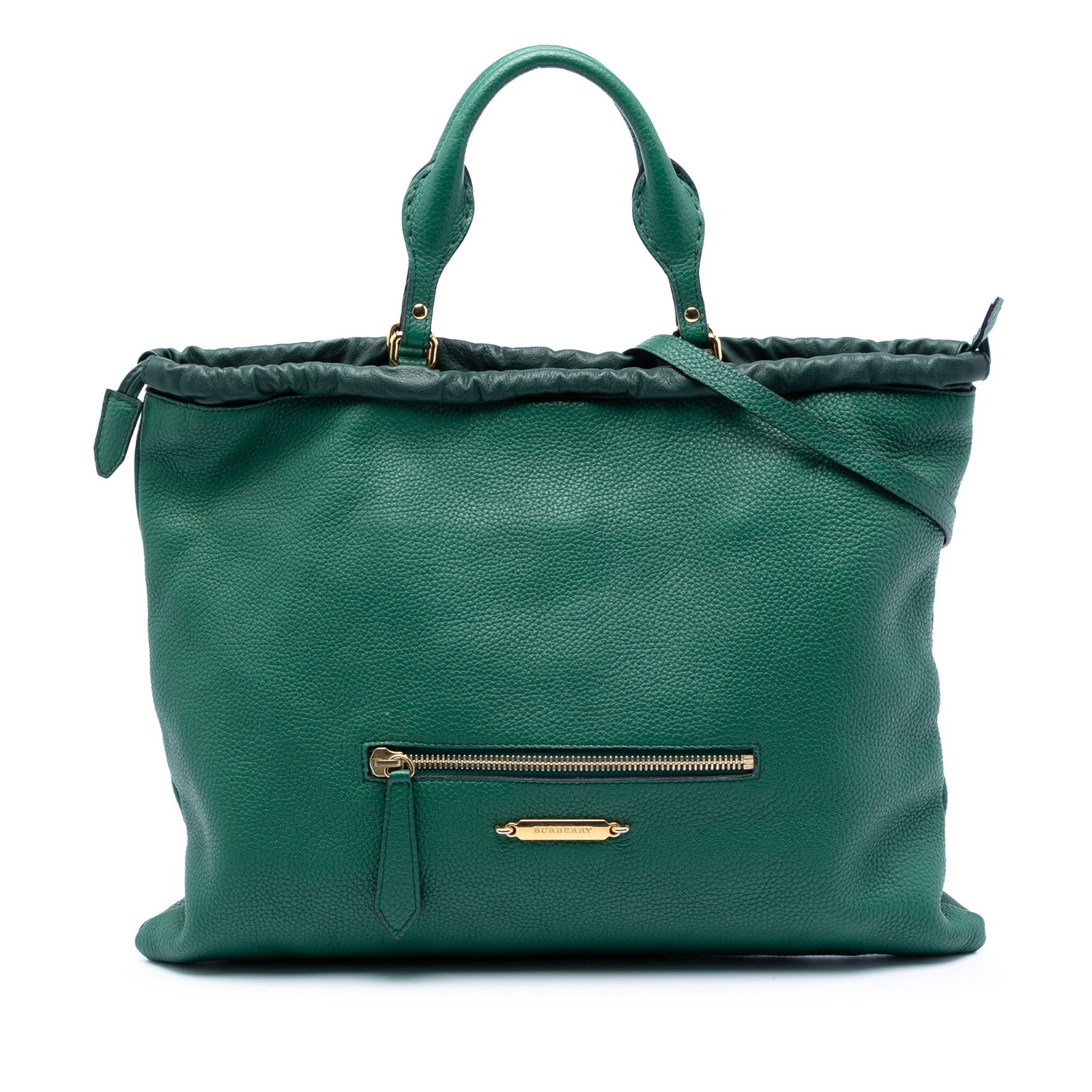 Green Leather Big Crush Tote Bag by Burberry with Convertible Strap: Green Leather Big Crush Tote Bag by Burberry with Convertible Strap This Burberry Big Crush Convertible Tote features a green leather body with rolled leather handles and a detachable flat strap. It h