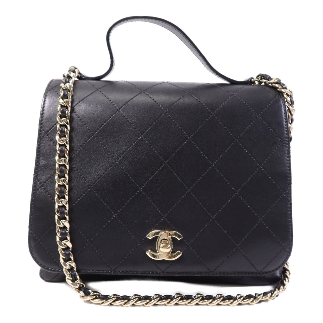 CHANEL CC Black Calfskin 2 Way Shoulder Bag Gold Tone Hardware: CHANEL CC Black Calfskin 2 Way Shoulder Bag Gold Tone Hardware A CHANEL 2-way shoulder bag in black calfskin leather, featuring CC hardware with a gold-tone finish. Made in France, this women's bag is