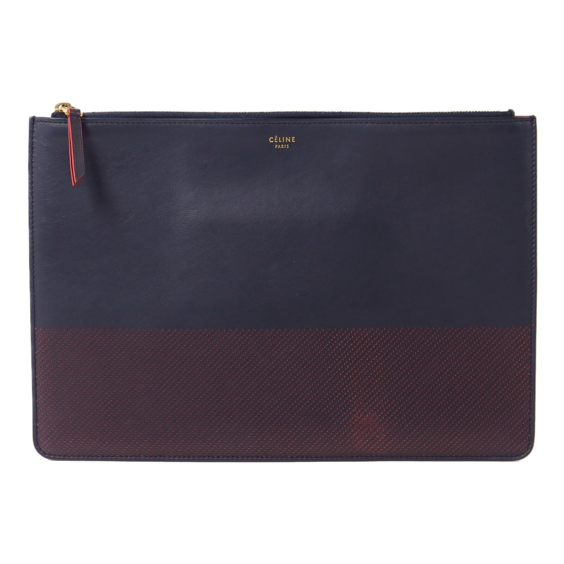 CELINE 103713AB4 Calfskin Clutch Navy Red GHW: CELINE 103713AB4 Calfskin Clutch Navy Red GHW A CELINE clutch bag in calfskin leather with a navy and red colorway. It features a regular size profile, gold-tone hardware, and a practical interior lay