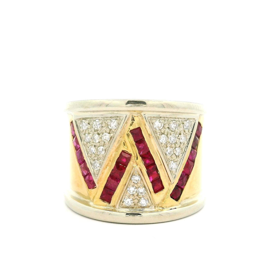 18K Two Tone Gold 1.61ctw Ruby Diamond Zig Zag Wide Band Ring: 18K Two Tone Gold 1.61ctw Ruby Diamond Zig Zag Wide Band Ring This stunning 18k two-tone gold wide band ring features a unique zig-zag design adorned with 20 natural genuine rubies and 23 natural genu