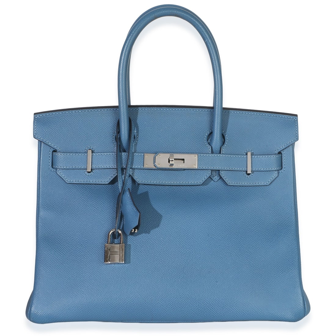 Hermes Birkin 30 Blue Epsom Leather Top Handle Bag PHW: Hermes Birkin 30 Blue Epsom Leather Top Handle Bag PHW This Hermes Birkin 30 is crafted from Blue Brighton Epsom leather and features silver-tone hardware. The top handle bag includes a turnlock closu