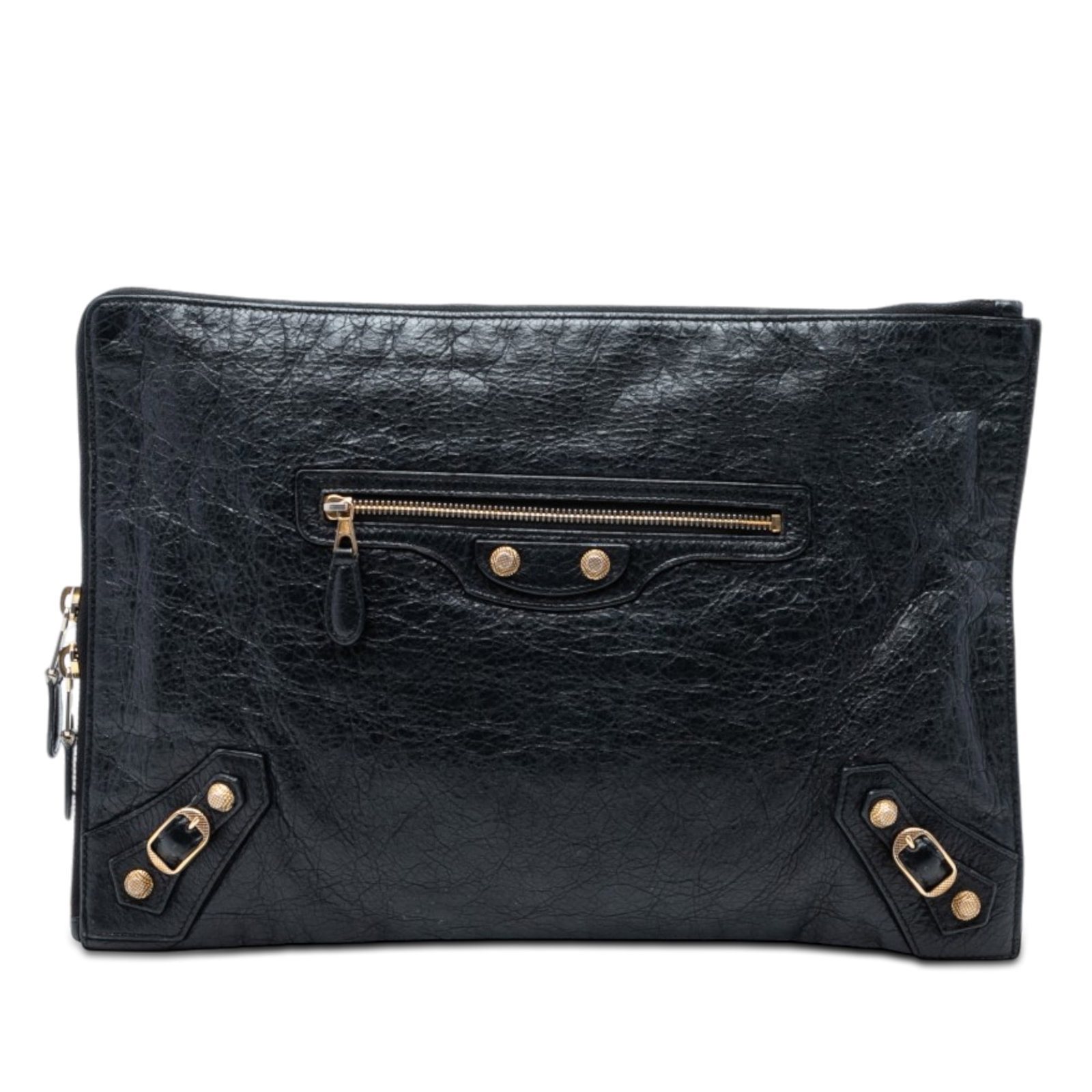 Balenciaga black lambskin studded zip clutch: Balenciaga black lambskin studded zip clutch This Balenciaga Lambskin Motocross Giant 12 Zip Around Flat Clutch features a black lambskin leather body with distinctive stud embellishments. The clutch 