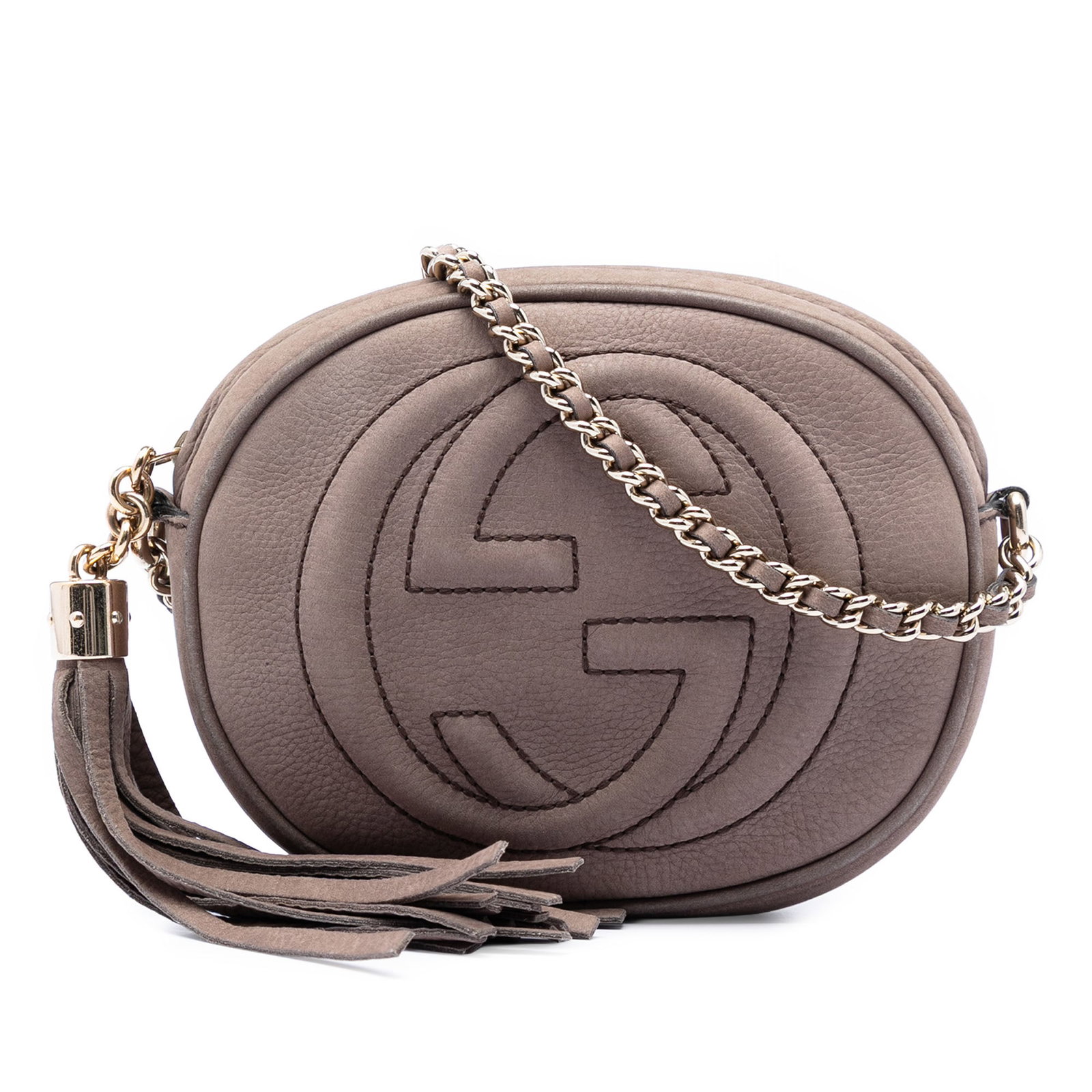 Gucci Soho Mini Nubuck Leather Crossbody Bag with Chain Strap: Gucci Soho Mini Nubuck Leather Crossbody Bag with Chain Strap Gucci Mini Soho crossbody bag in brown nubuck leather with tassel detailing and a chain link strap. The bag features a top zip closure and