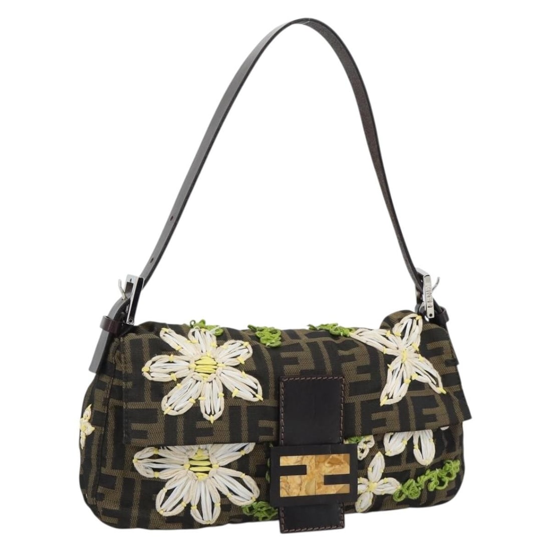 Fendi Mamma Baguette Shoulder Bag Zucca Canvas Brown Floral Embroidery: Fendi Mamma Baguette Shoulder Bag Zucca Canvas Brown Floral Embroidery Fendi Mamma Baguette shoulder bag in Zucca canvas with flower embroidery, presented in brown and silver. Made in Italy, it measur