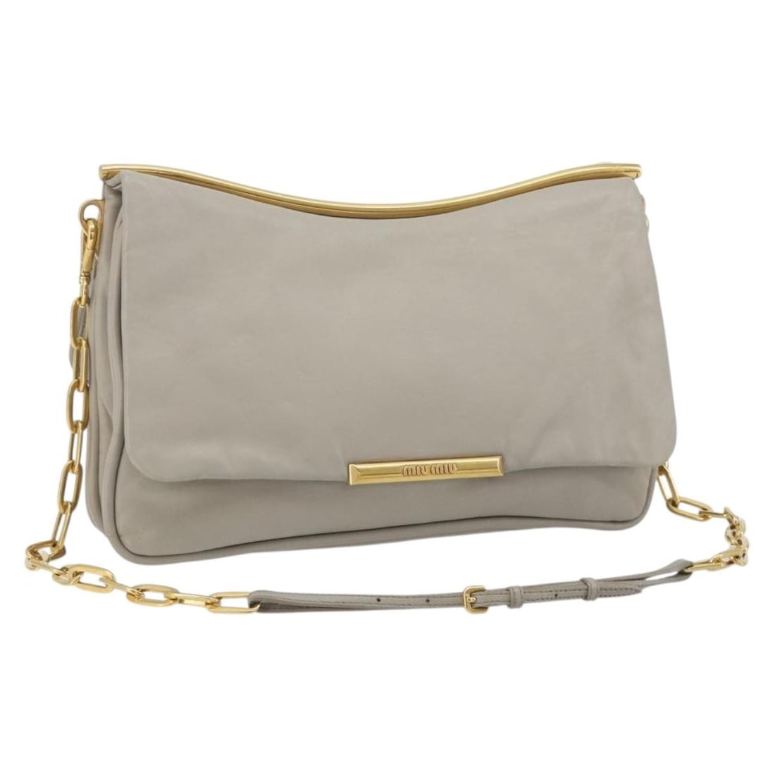 Miu Miu Gray Leather Shoulder Bag with Gold Tone Chain Strap: Miu Miu Gray Leather Shoulder Bag with Gold Tone Chain Strap Miu Miu chain shoulder bag in leather with a gray and gold color combination. Designed for women, this shoulder bag was made in Turkey and 