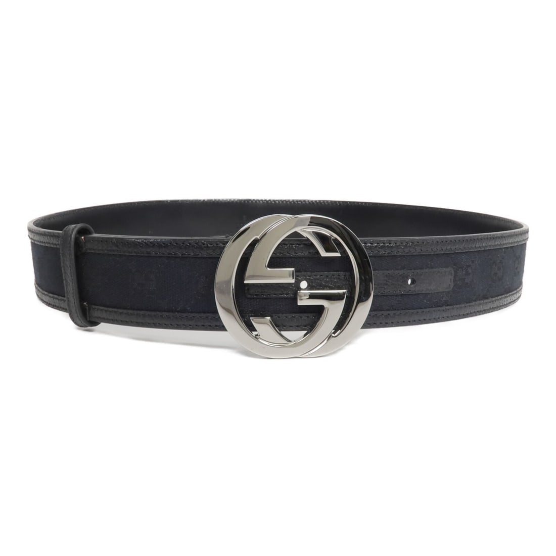 Gucci 114876 Interlocking GG Mens Belt Black GG Canvas Leather: Gucci 114876 Interlocking GG Mens Belt Black GG Canvas Leather A GUCCI men's belt in black GG canvas and leather, featuring the Interlocking GG design. It is a regular size belt made in Italy and pres