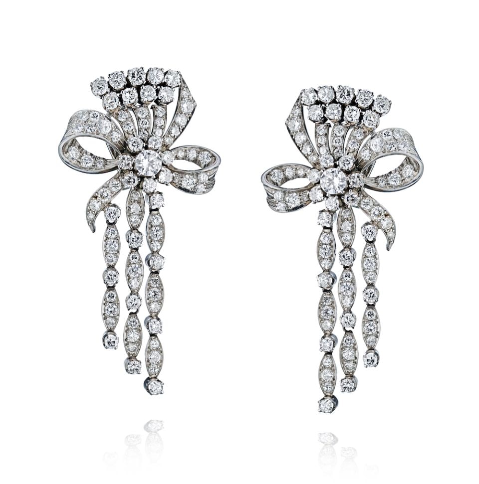 Vintage Platinum Dangle Earrings with 13ct Diamonds and Bow Motif (1 of 6)