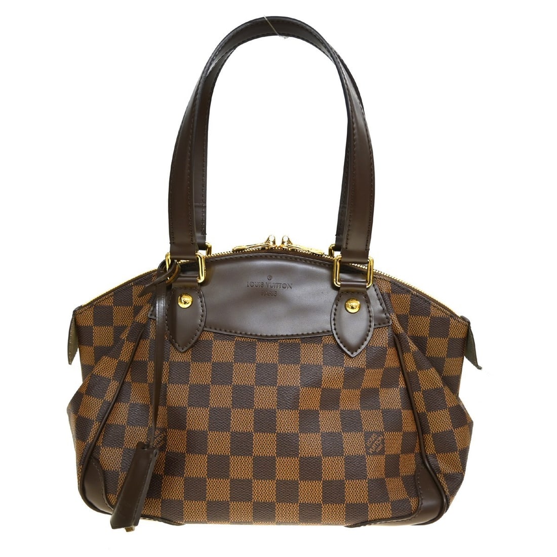 Louis Vuitton Verona PM Top Handle Bag Damier Canvas Brown N41117: Louis Vuitton Verona PM Top Handle Bag Damier Canvas Brown N41117 Vintage Louis Vuitton Verona PM handbag in brown Ebene Damier canvas with leather trim and a red lining. This women's top handle bag f